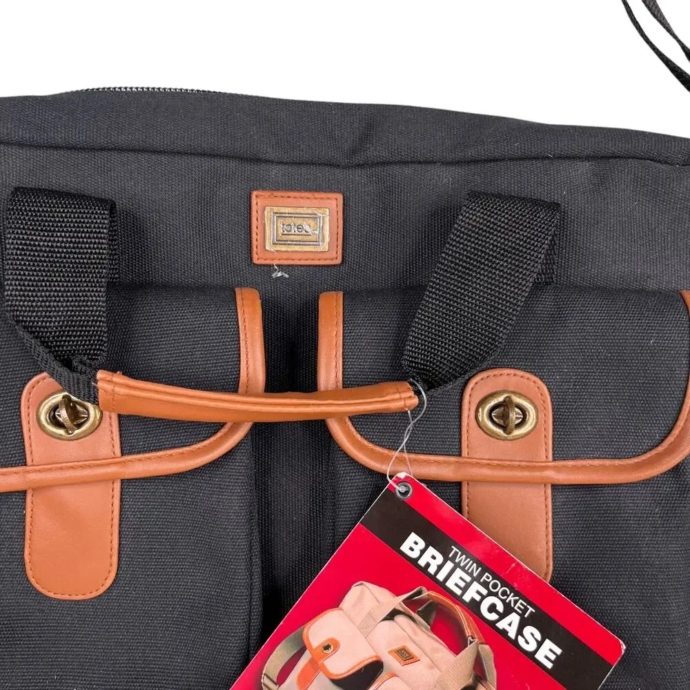 Totes Twin Pocket Briefcase Black Canvas Laptop Expandable New